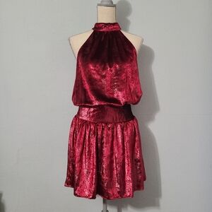 Ramy Brook Ellin Velvet Metallic Deep‎ Red Halter Neck Dress